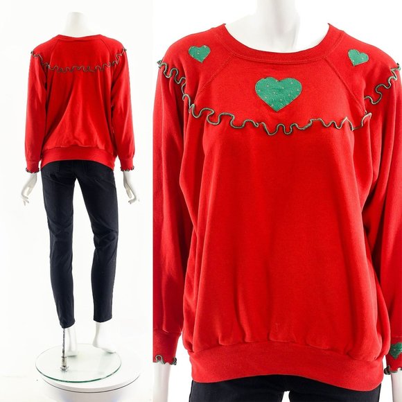 Christmas Frill Sweatshirt,Heart Patchwork Applique Sweater,Ugly Christmas Sweat - Picture 3 of 10